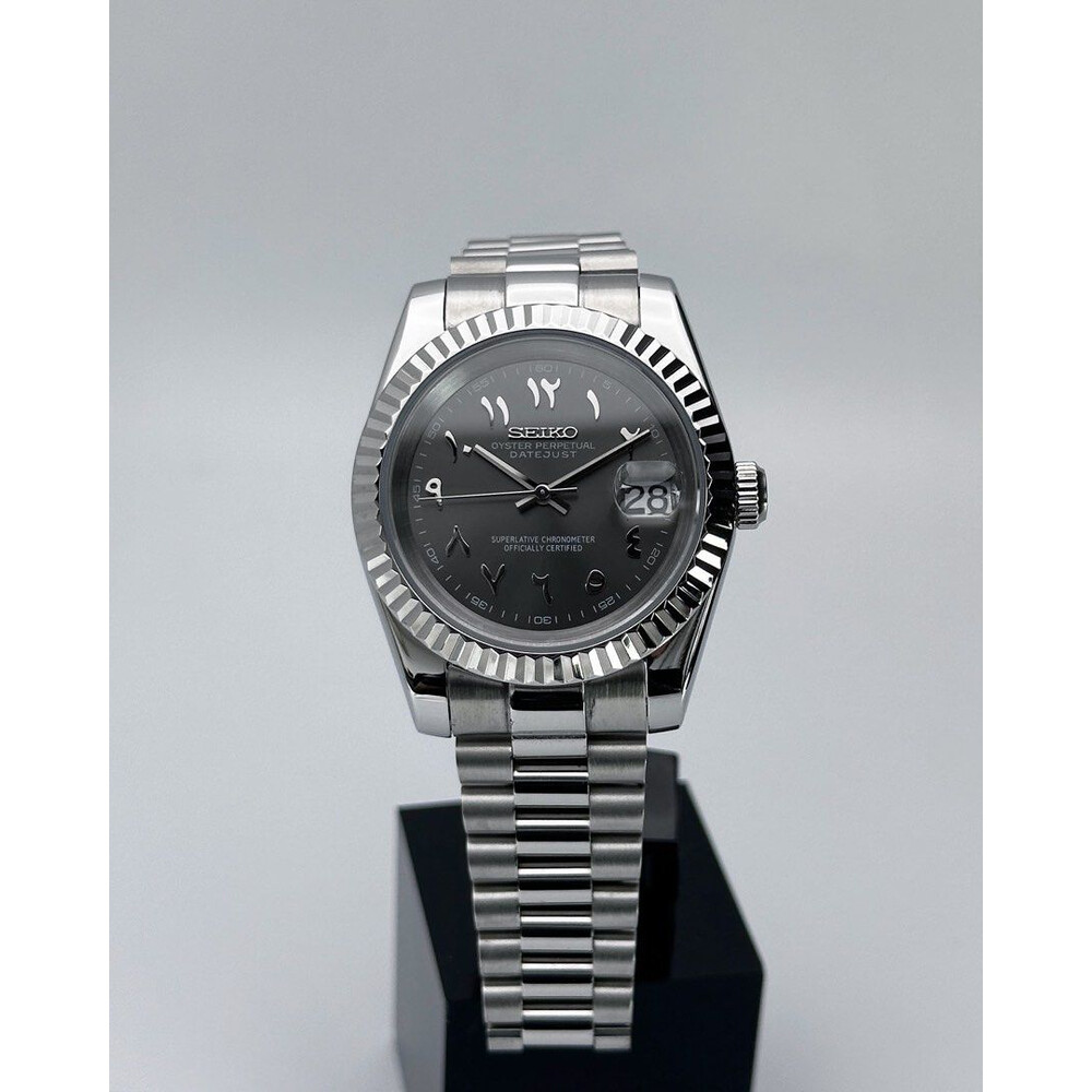 Custom Seiko Mod • Rhodium Grey Arabic DateJust President • 39mm